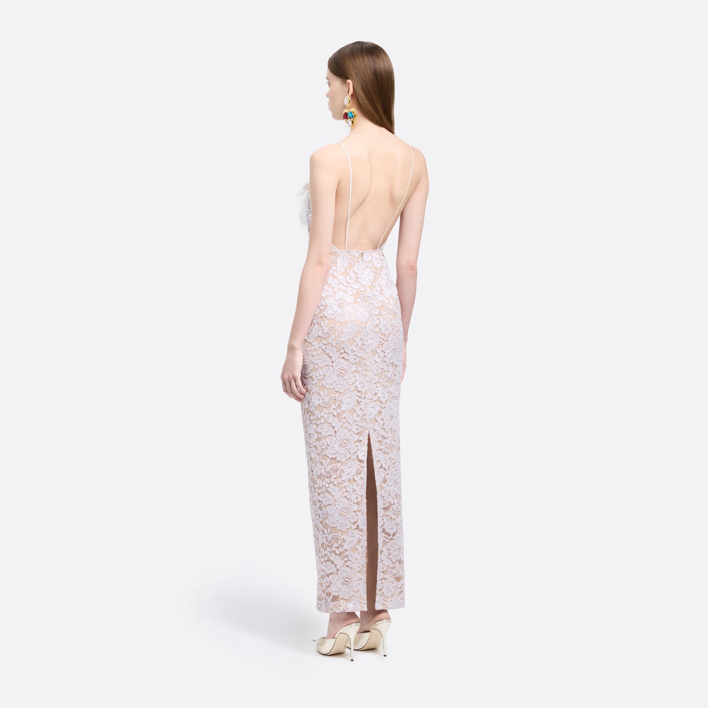 Lavender lace slip dress cut to a fitted silhouette with spaghetti straps and a straight neckline framed by a sequin-embroidered lace volant.