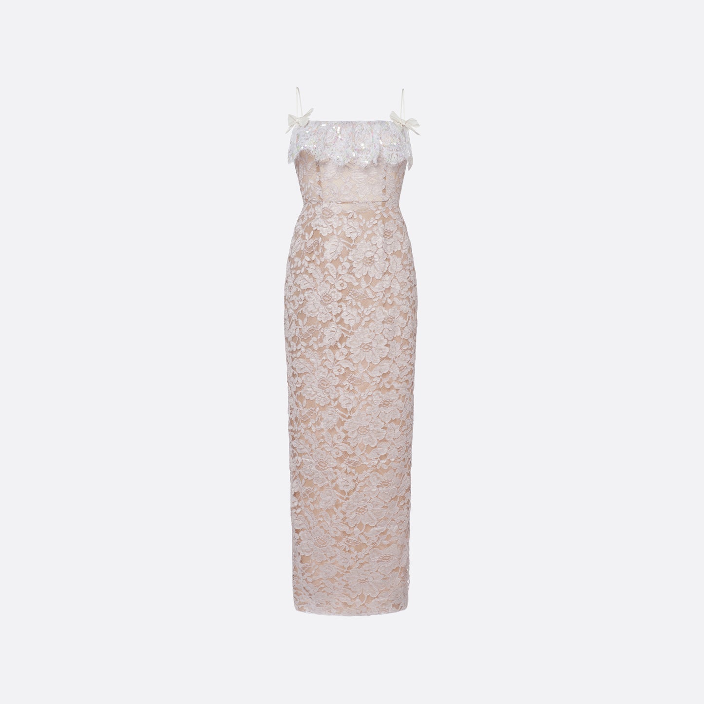 Lavender lace slip dress cut to a fitted silhouette with spaghetti straps and a straight neckline framed by a sequin-embroidered lace volant.
