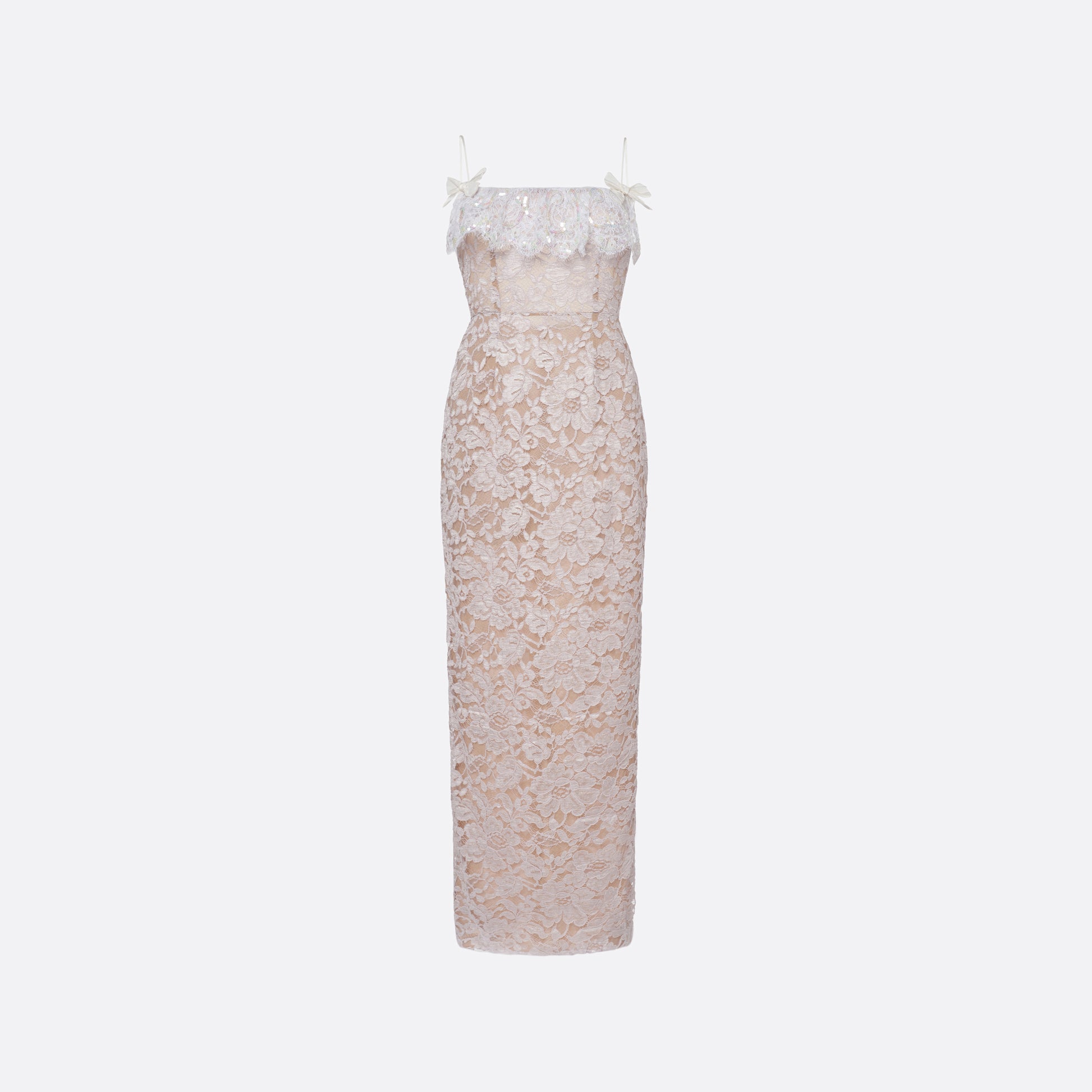 Lavender lace slip dress cut to a fitted silhouette with spaghetti straps and a straight neckline framed by a sequin-embroidered lace volant.