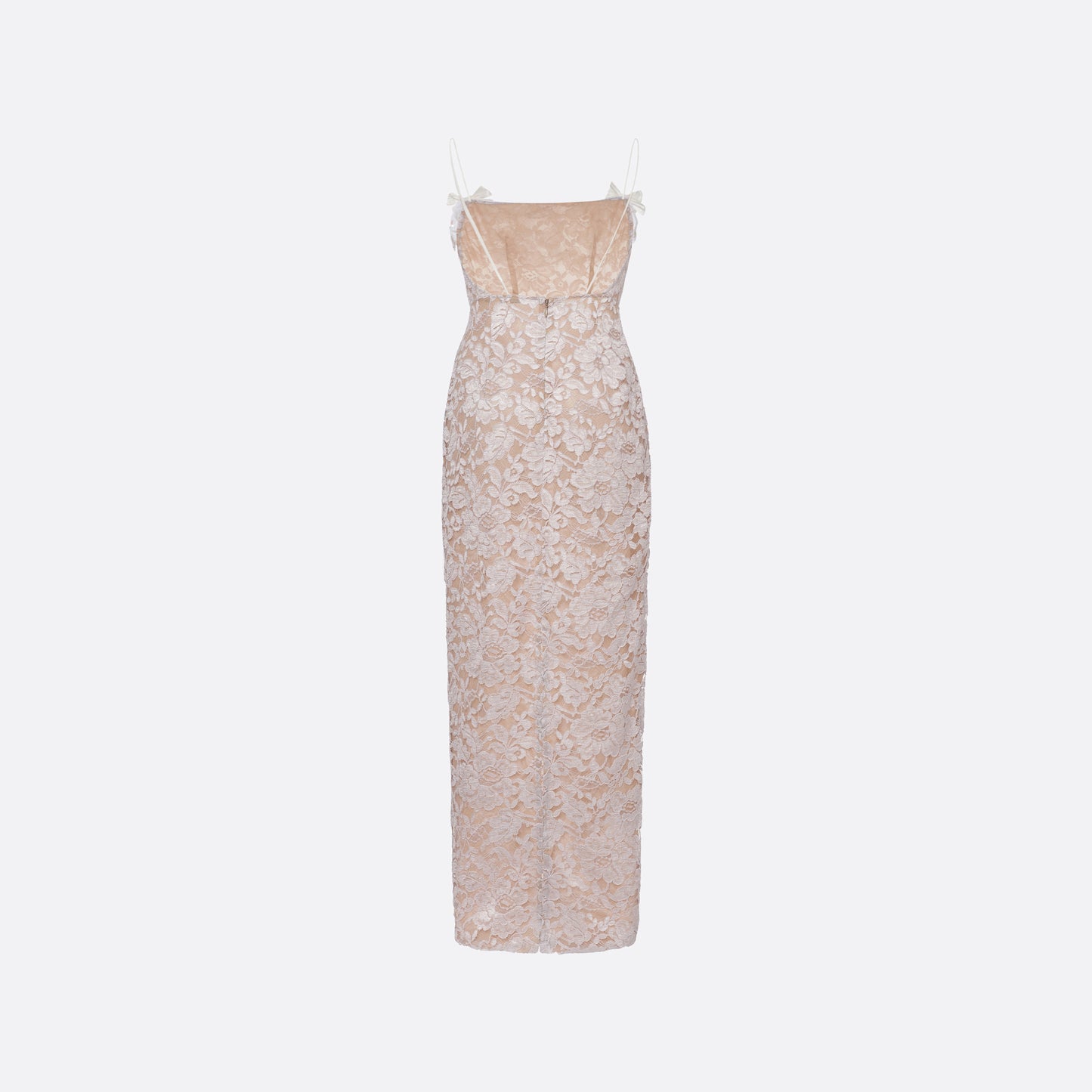 Lavender lace slip dress cut to a fitted silhouette with spaghetti straps and a straight neckline framed by a sequin-embroidered lace volant.