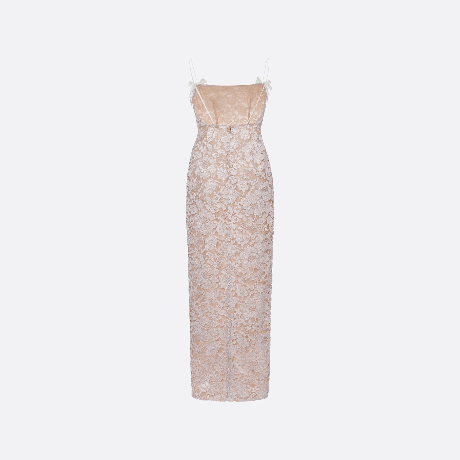 Lavender lace slip dress cut to a fitted silhouette with spaghetti straps and a straight neckline framed by a sequin-embroidered lace volant.