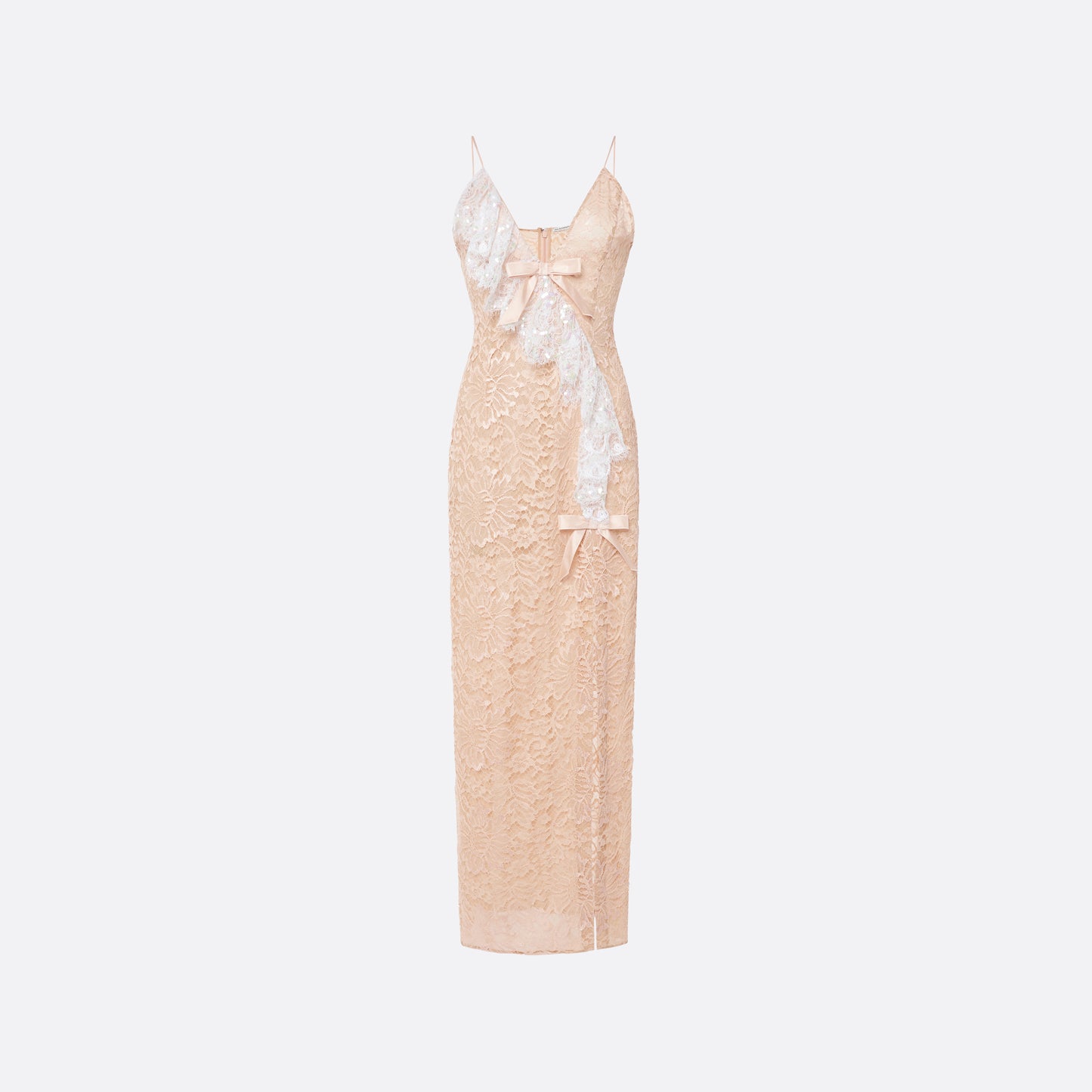 Nude lace slip dress cut to a fitted silhouette with delicate spaghetti straps and a V-neckline detailed with a sequin-embroidered lace volant. Finished with silk satin bows and a front split.

Look 33 – Fall Winter 2026 Lookbook