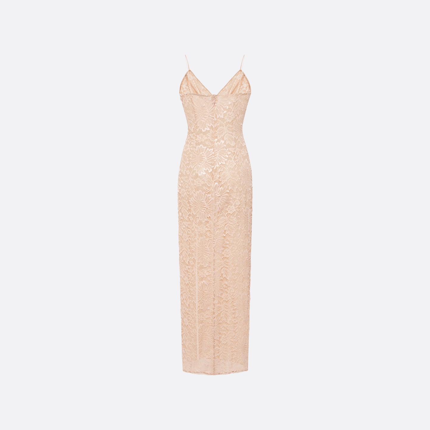 Nude lace slip dress cut to a fitted silhouette with delicate spaghetti straps and a V-neckline detailed with a sequin-embroidered lace volant. Finished with silk satin bows and a front split.

Look 33 – Fall Winter 2026 Lookbook