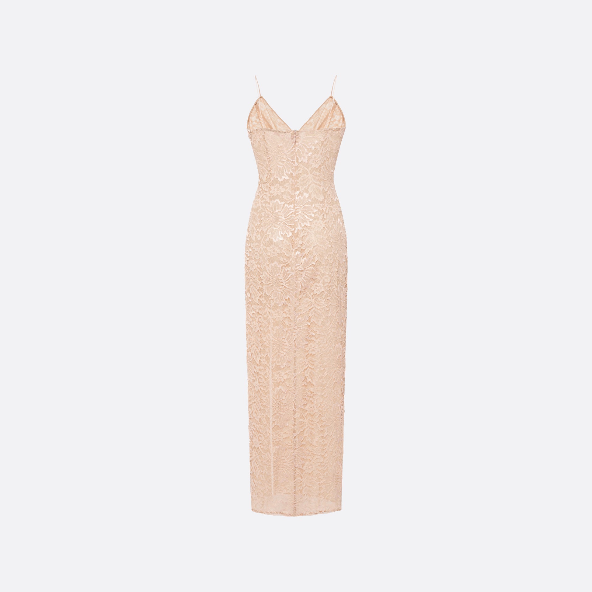 Nude lace slip dress cut to a fitted silhouette with delicate spaghetti straps and a V-neckline detailed with a sequin-embroidered lace volant. Finished with silk satin bows and a front split.

Look 33 – Fall Winter 2026 Lookbook