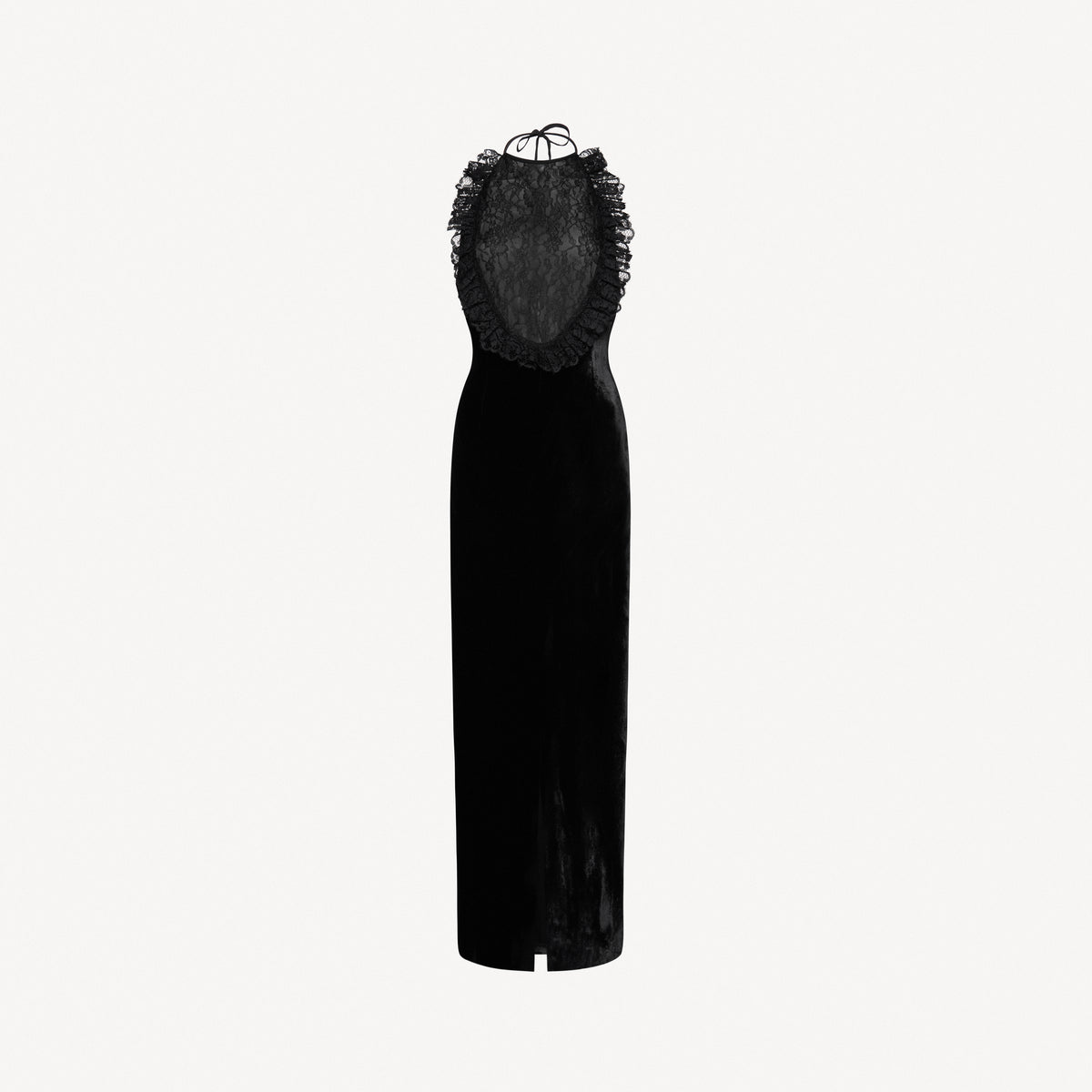 Black silk velvet evening dress featuring an open back and black lace inlay with ruffle trims.

Look 25 – Spring Summer 2027 Lookbook