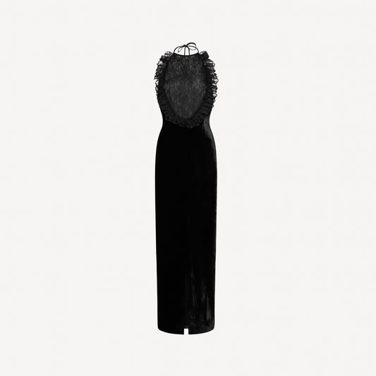 Black silk velvet evening dress featuring an open back and black lace inlay with ruffle trims.

Look 25 – Spring Summer 2027 Lookbook