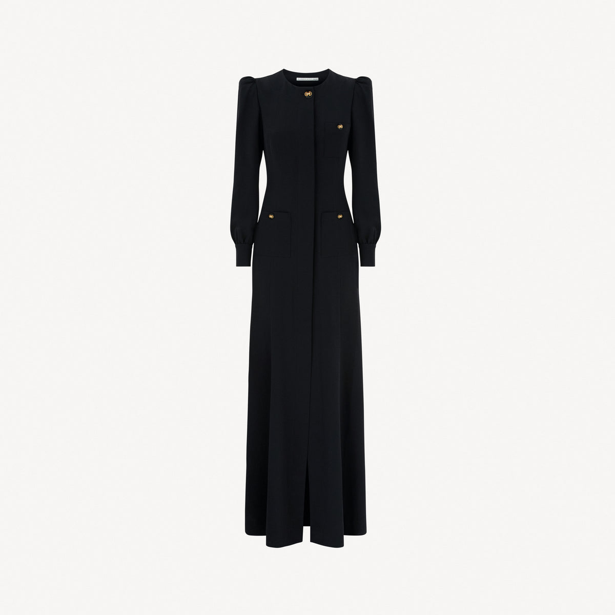 Black silk crêpe de chine evening dress with high side splits and puffed long sleeves, featuring pockets and jewel buttons.

Look 9 – Spring Summer 2027 Lookbook