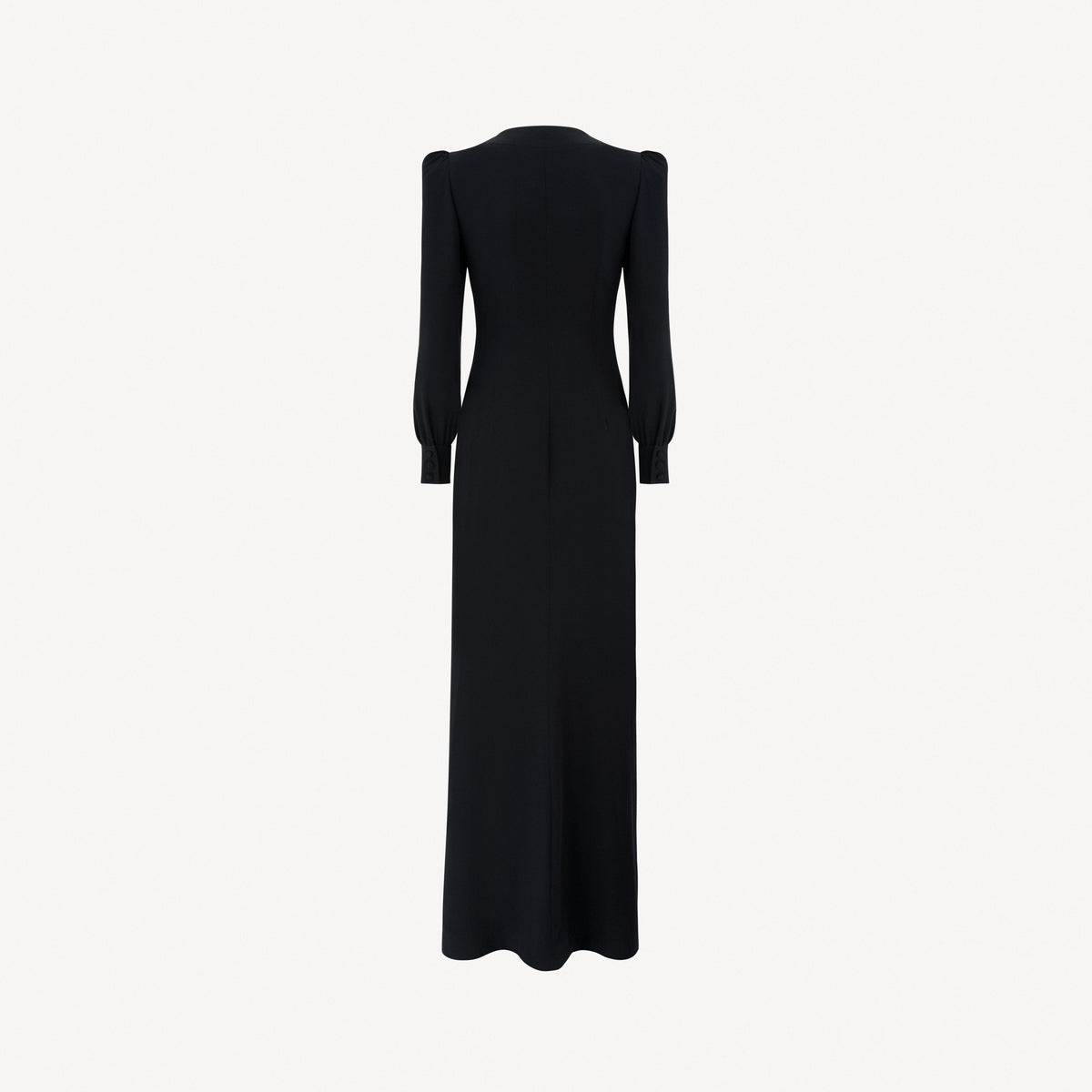 Black silk crêpe de chine evening dress with high side splits and puffed long sleeves, featuring pockets and jewel buttons.

Look 9 – Spring Summer 2027 Lookbook