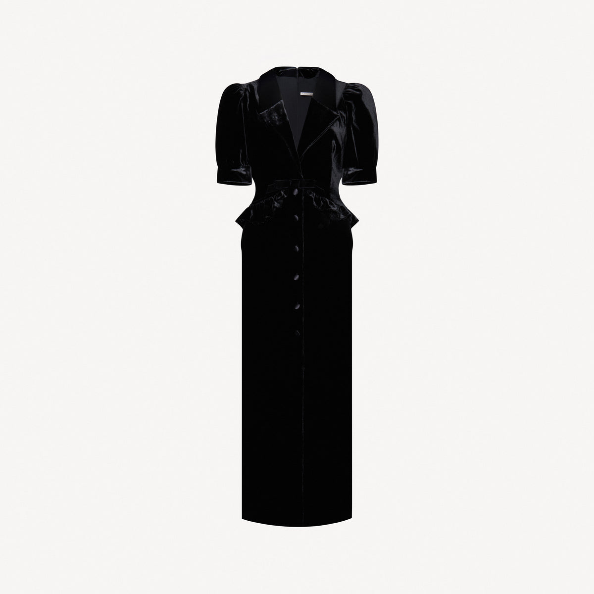 Black velvet evening dress with a v-neckline collar and a back-zip closure, featuring velvet ruffle trims.