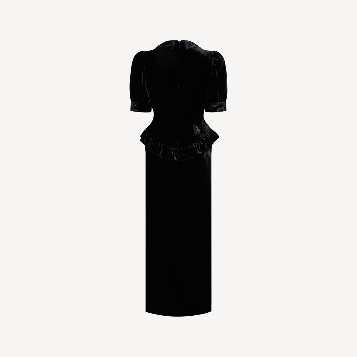 Black velvet evening dress with a v-neckline collar and a back-zip closure, featuring velvet ruffle trims.