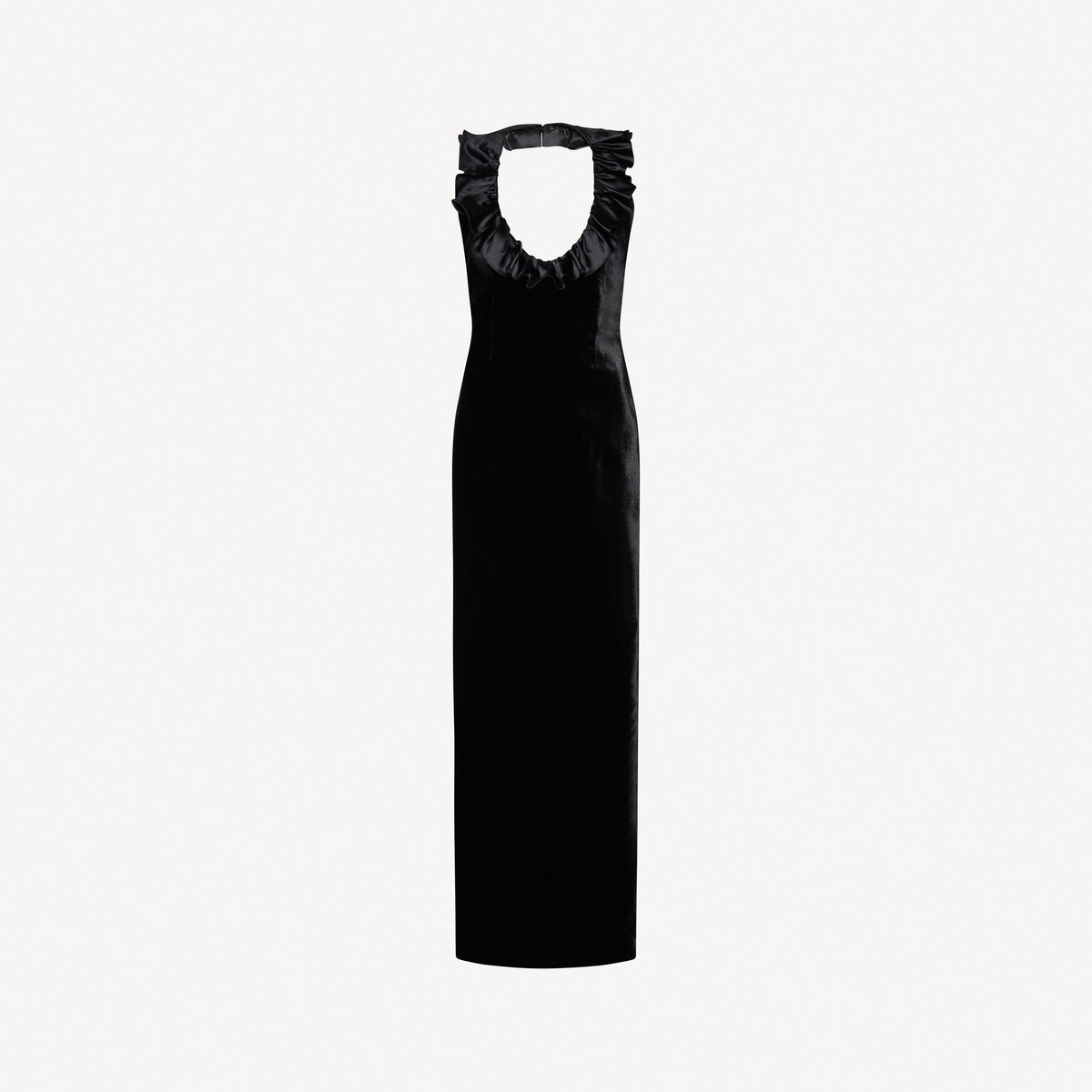 Black velvet evening dress featuring an open back and a deep neckline with a silk ruffle trim.