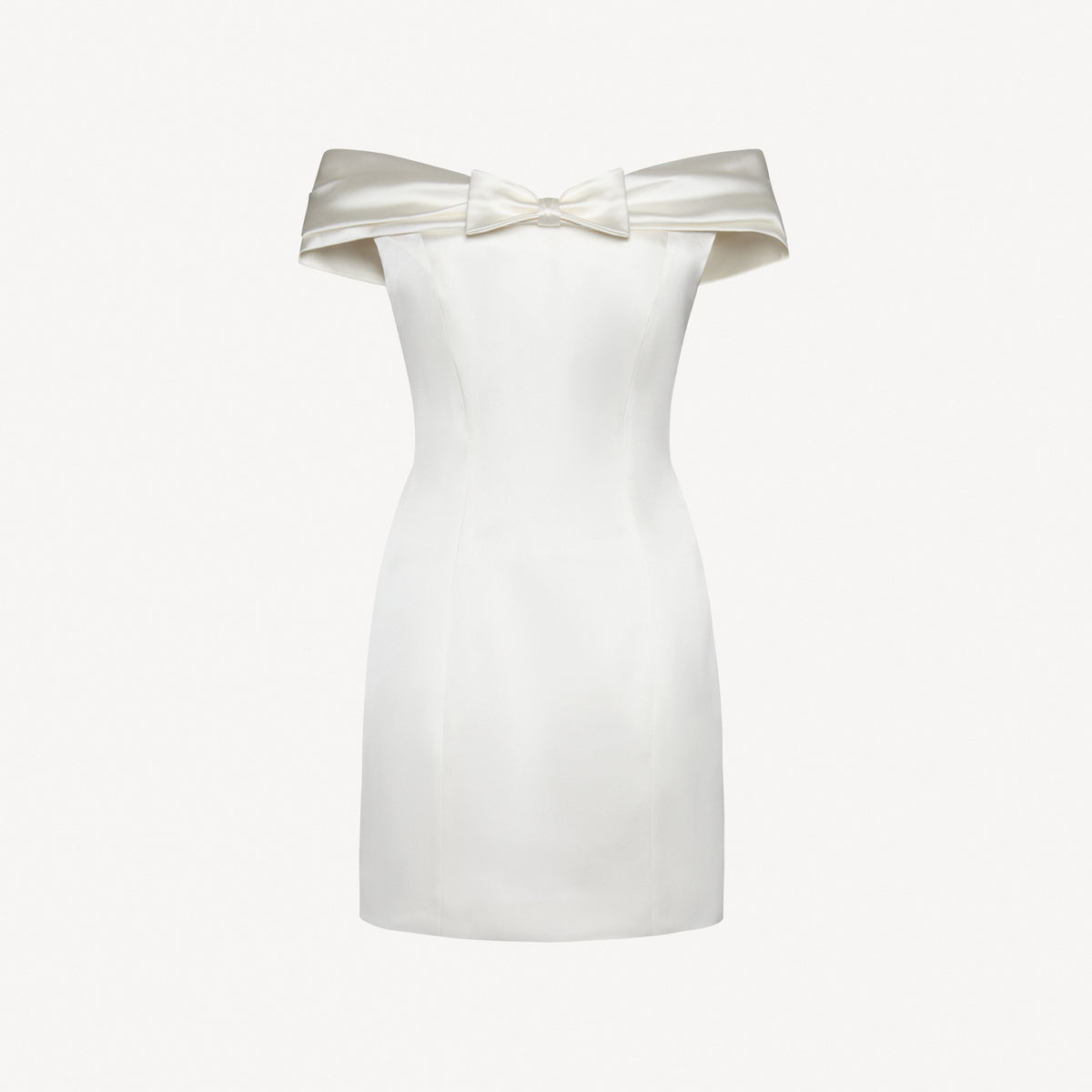 White stretch duchesse mini dress with a gathered off-shoulder neckline and bow details.