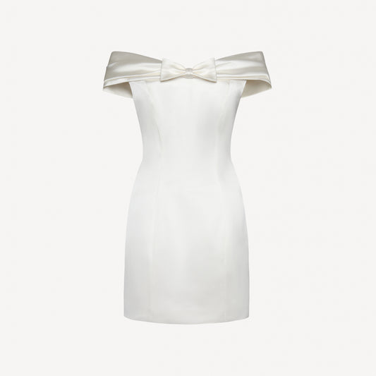 White stretch duchesse mini dress with a gathered off-shoulder neckline and bow details.