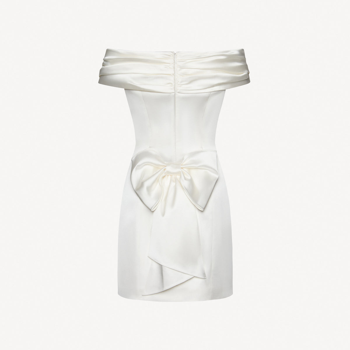 White stretch duchesse mini dress with a gathered off-shoulder neckline and bow details.