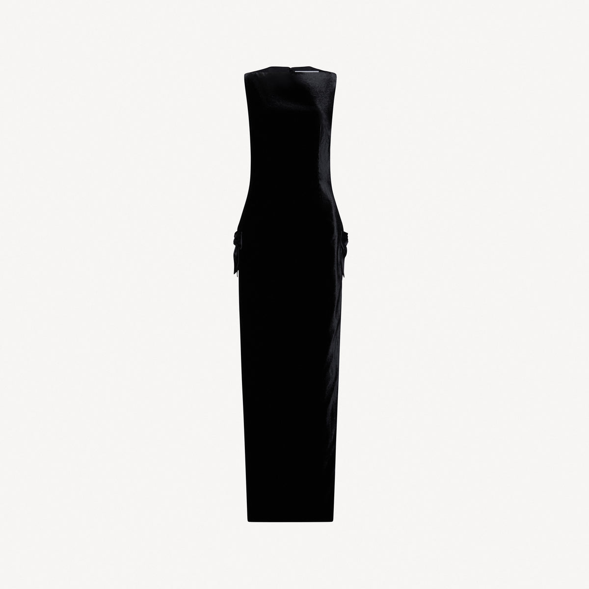 Black velvet evening dress with high side splits and silk bow details.
