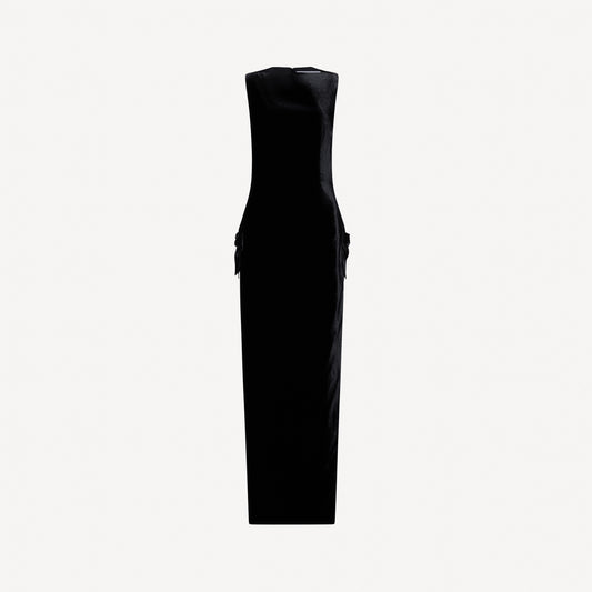 Black velvet evening dress with high side splits and silk bow details.