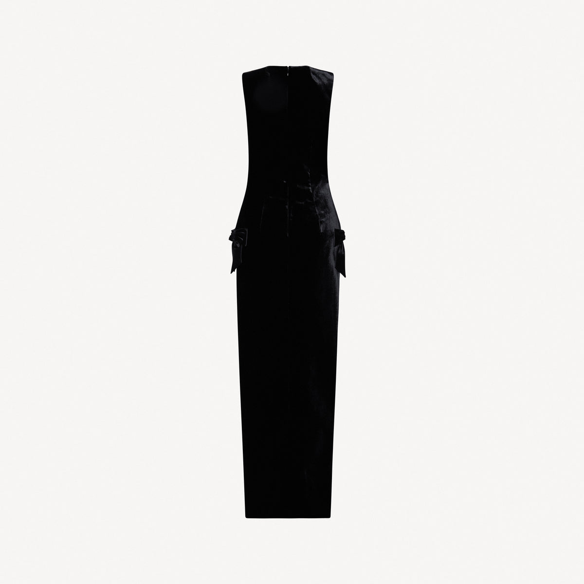 Black velvet evening dress with high side splits and silk bow details.