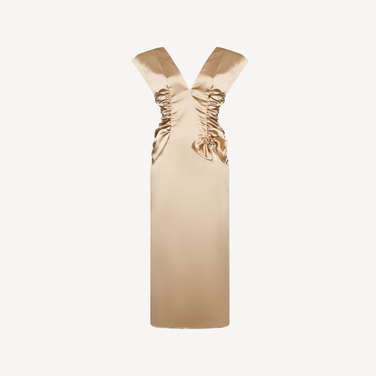 Champagne stretch duchesse midi dress with a ruched bodice and shoulder pads, featuring a bow detail and pockets.

Look 6 – Spring Summer 2027 Lookbook