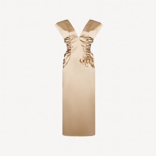 Champagne stretch duchesse midi dress with a ruched bodice and shoulder pads, featuring a bow detail and pockets.

Look 6 – Spring Summer 2027 Lookbook