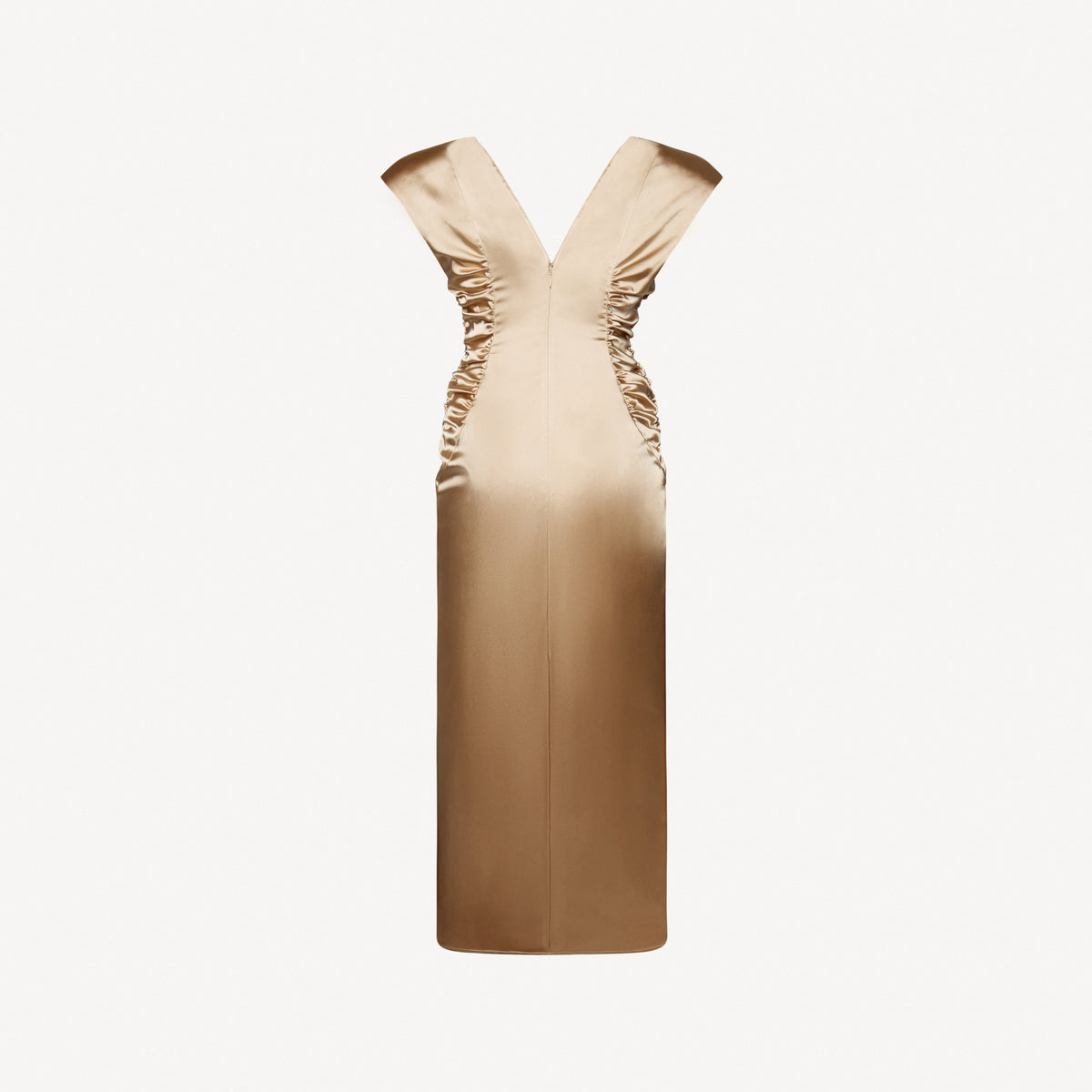 Champagne stretch duchesse midi dress with a ruched bodice and shoulder pads, featuring a bow detail and pockets.

Look 6 – Spring Summer 2027 Lookbook