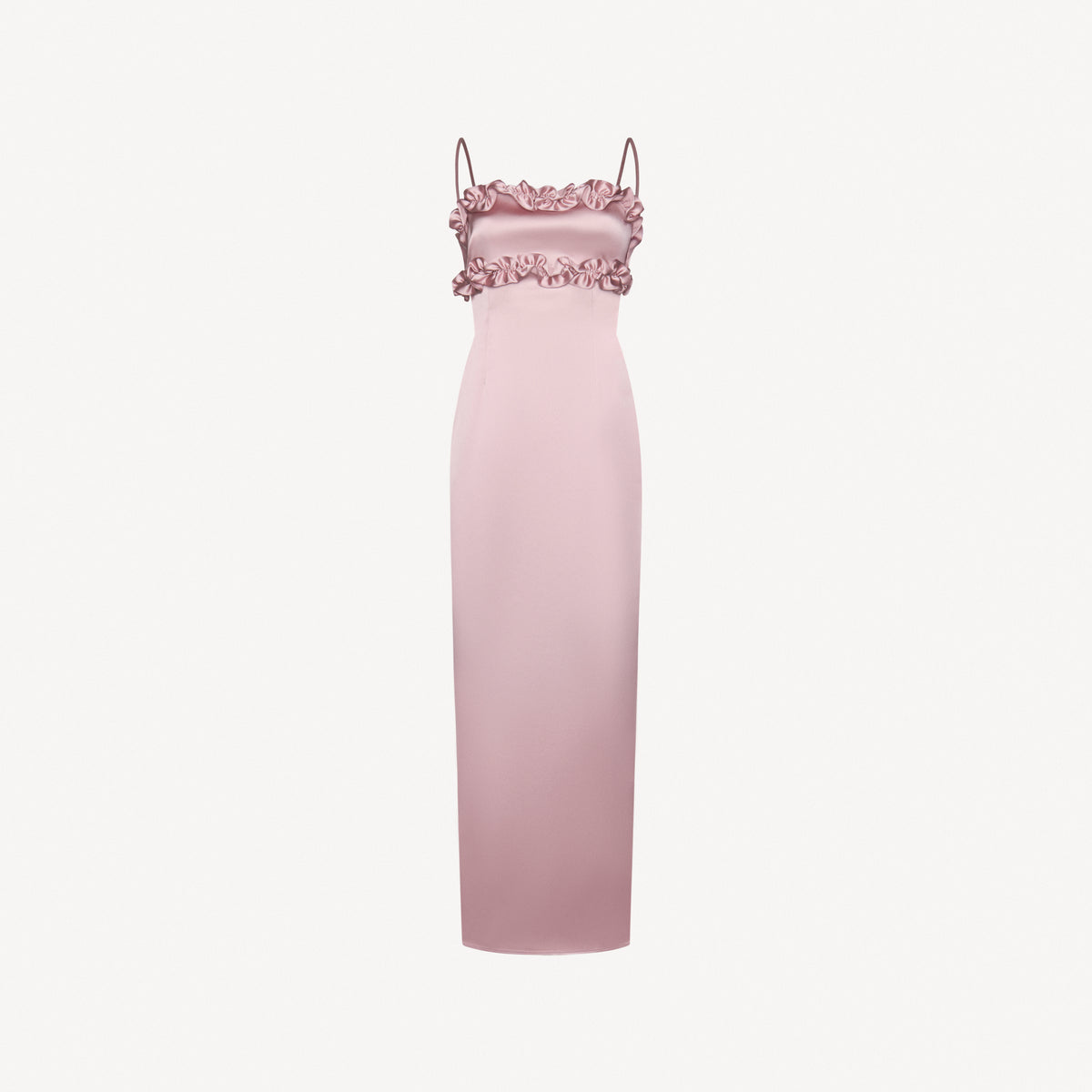 Mauve stretch duchesse evening dress featuring an open back with spaghetti straps and silver-tone back fastening. Finished with ruched trims and a bow detail.

Look 19 – Spring Summer 2027 Lookbook