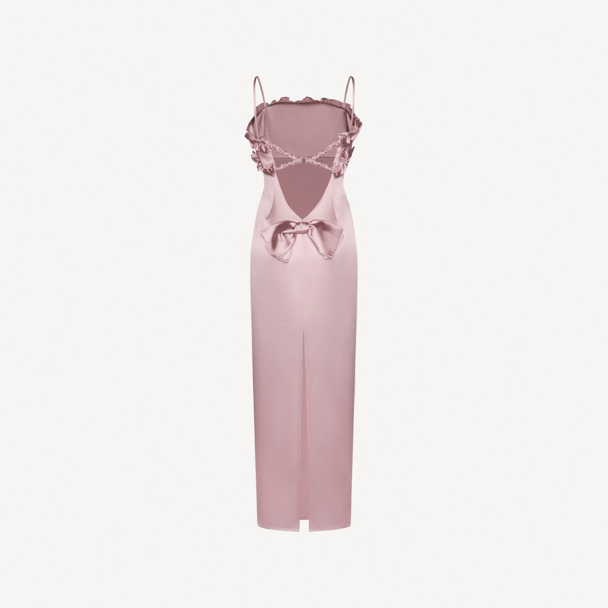 Mauve stretch duchesse evening dress featuring an open back with spaghetti straps and silver-tone back fastening. Finished with ruched trims and a bow detail.

Look 19 – Spring Summer 2027 Lookbook