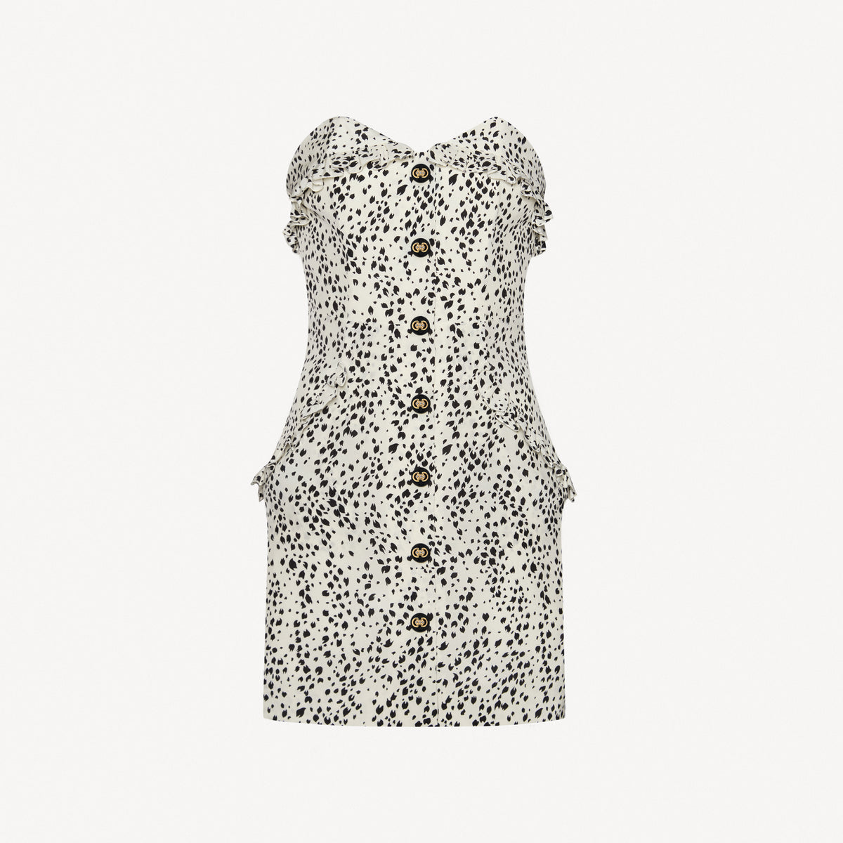 Ivory and black animalier print silk crêpe de chine mini dress with a bustier, featuring ruffle trims and back-zip closure. Finished with pockets and jewel buttons.

Look 13 – Spring Summer 2027 Lookbook