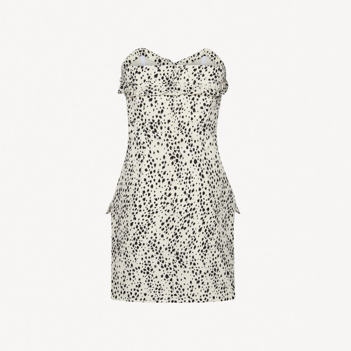 Ivory and black animalier print silk crêpe de chine mini dress with a bustier, featuring ruffle trims and back-zip closure. Finished with pockets and jewel buttons.

Look 13 – Spring Summer 2027 Lookbook