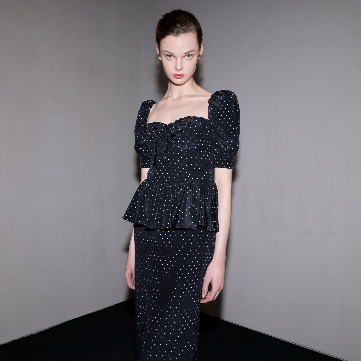 SILK PEPLUM MIDI DRESS WITH PUFF SLEEVES