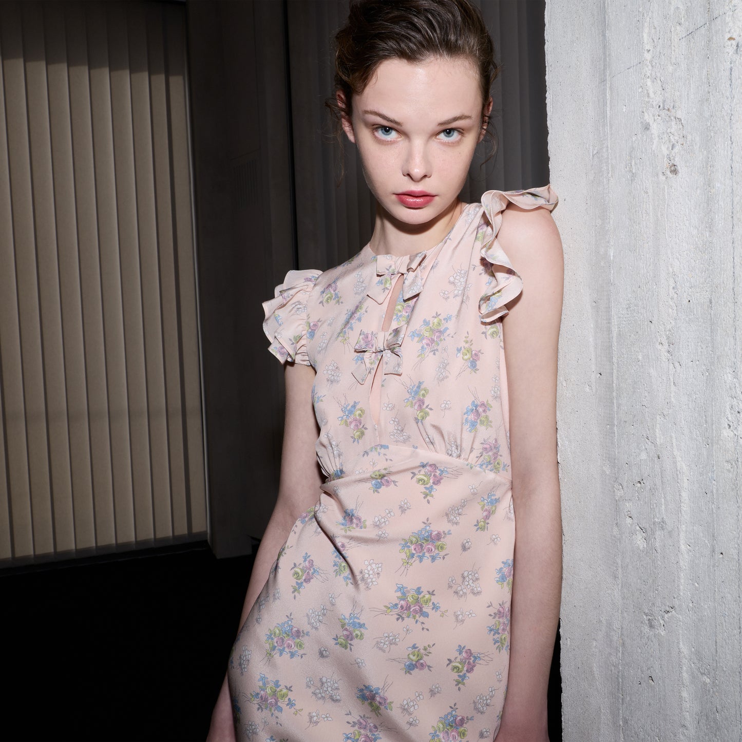 SILK MIDI DRESS WITH RUFFLE SLEEVES