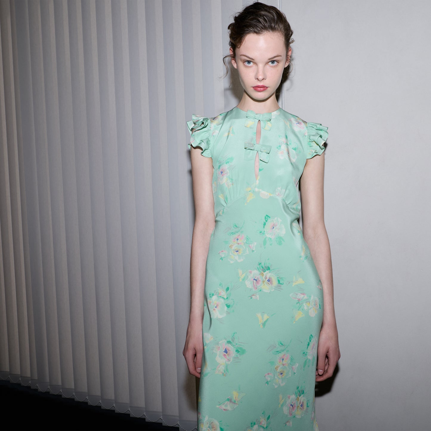 SILK MIDI DRESS WITH RUFFLE SLEEVES