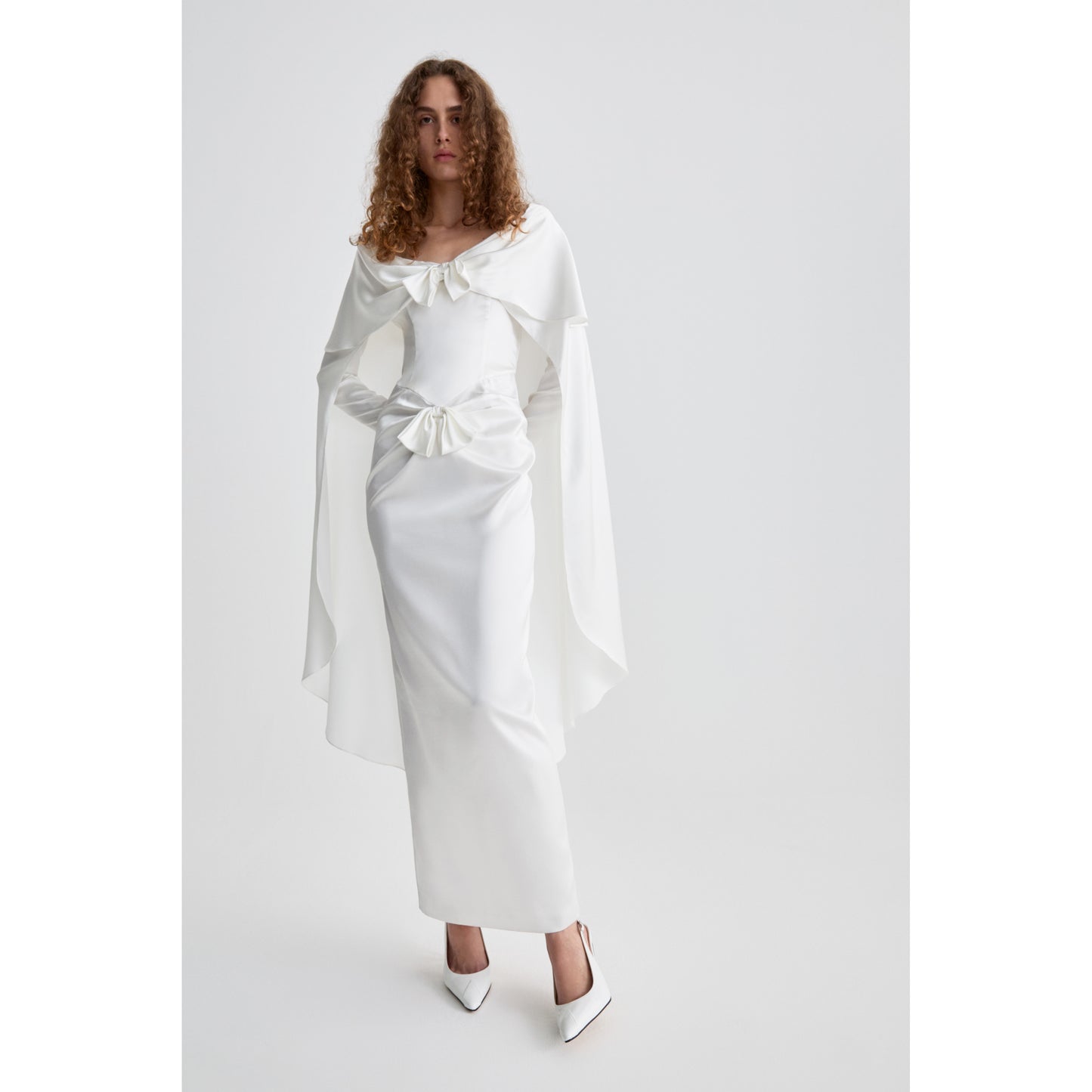 SILK SATIN EVENING DRESS WITH CAPE