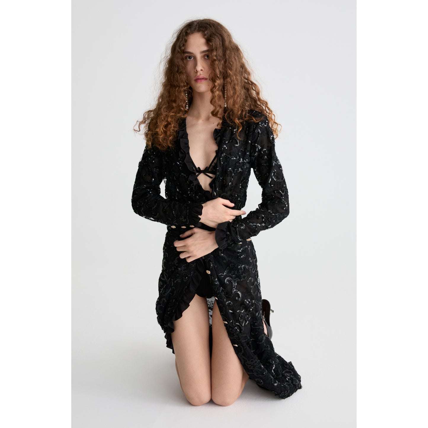 SEQUIN-EMBROIDERED LACE EVENING DRESS
