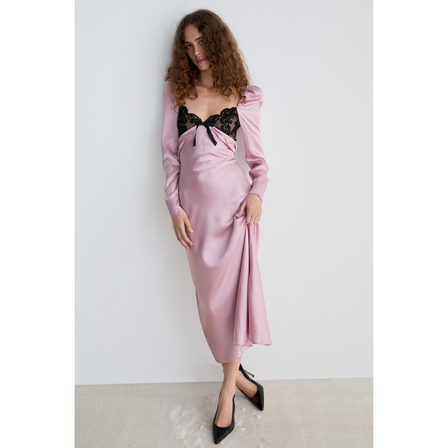 SILK SATIN MIDI DRESS WITH BOW