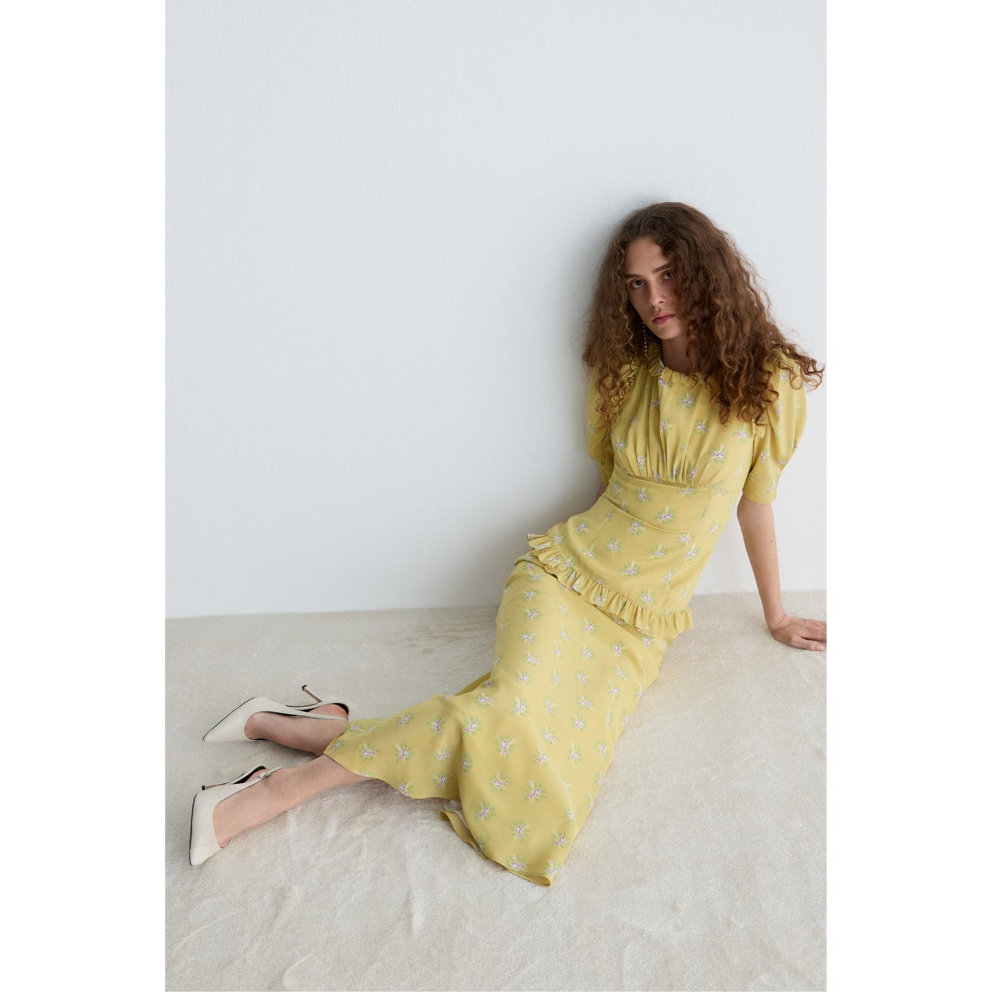 SILK MIDI DRESS WITH RUFFLES